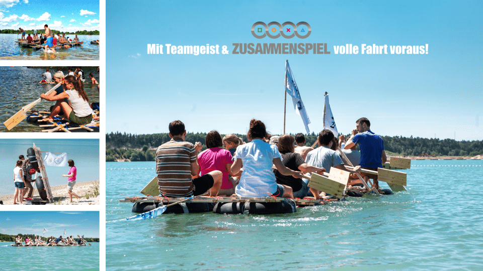 Gemeinsam ein Floß bauen und gemeinsam ein Floß fahren – das sind die Aufgaben beim Teambuilding ZUSAMMENSPIEL Floßbau